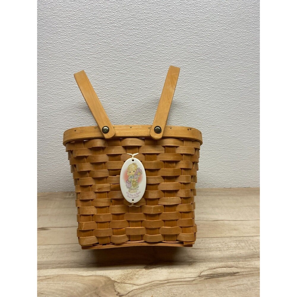 Precious Moments Double Folding Handle Wooden Basket With Porcelain Ornament